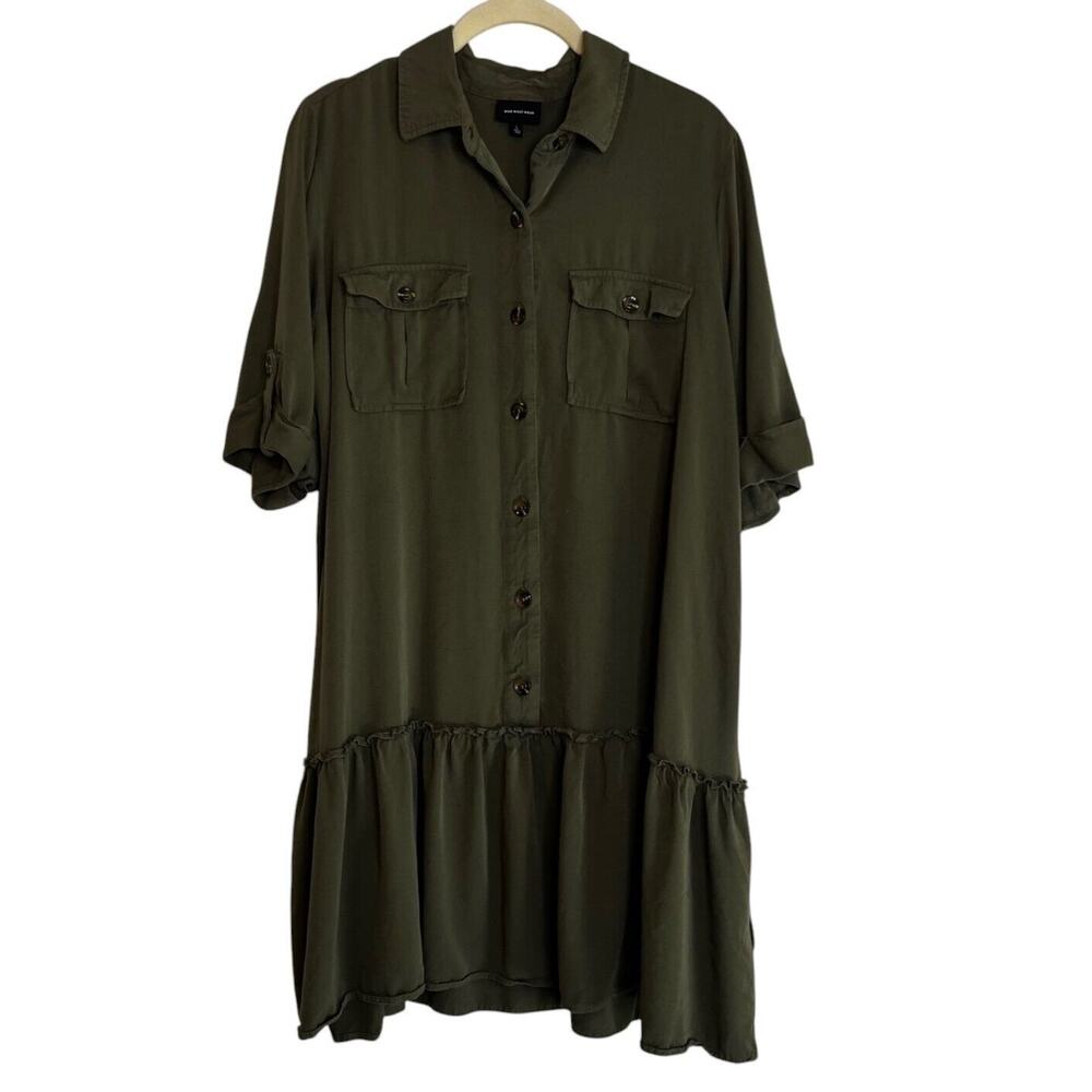 Who What Wear Womens Popover Shirt Dress Size Large Olive Green Ruffle Hem